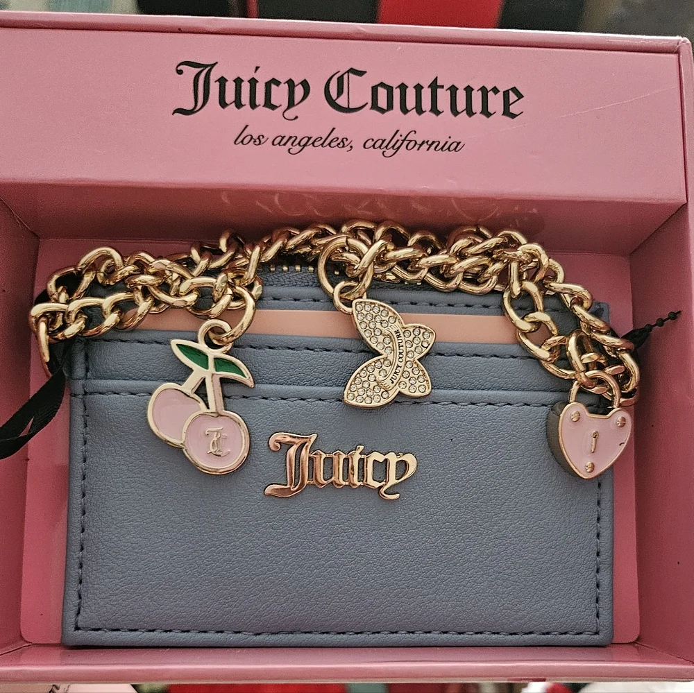 NWT Juicy Couture Blue Card Holder with Gold Zipper & Accents